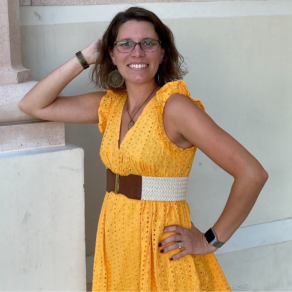 Eyelet Sleeveless Dress in Mustard Yellow - Picture 5 of 5
